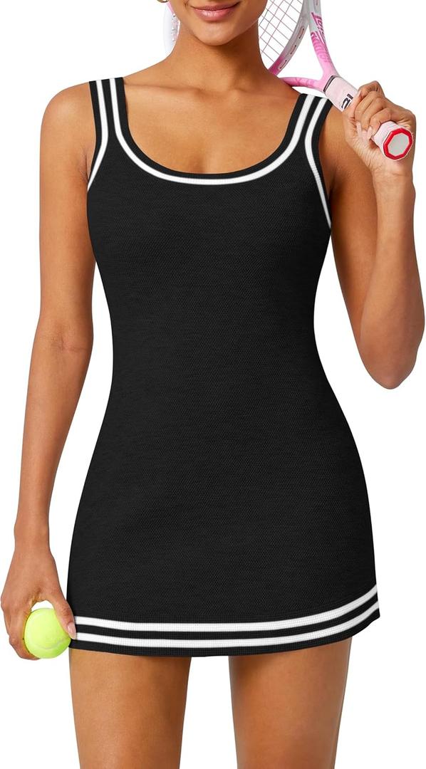 TQD Tennis Dress for Women Athletic Striped Knitted Sweater Tank Mini Active Casual Club Golf Dresses 2025 Trendy (Small, Black)