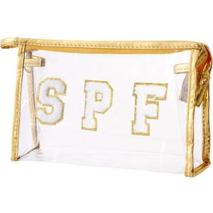 Clear Preppy Patch Makeup Bag, SPF Chenille Letter Bag for Beach, Clear Pouch with Zipper, Preppy Travel Bags Cosmetic Toiletry Bag for Women Girls Teens (Gold)