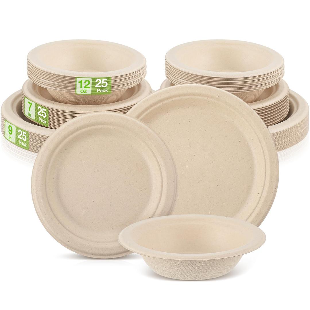 Havawish 150 Pcs Compostable Paper Plates and Bowls Set 7 Inch 10 Inch Disposable Plate 12oz Biodegradable Bowls for Party Dinner 50-person Bulk Party Supplies