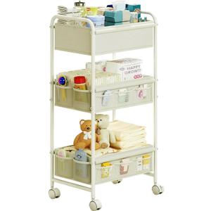 3-Tier Baby Diaper Caddy Cart Organizer,Mobile Nursery Storage Cart with Wheels,With 2 Dividers&14 Mesh Pockets Durable Metal Utility Cart for Nursery, Bedroom, Bathroom, Baby Essentials Organization (Beige Yellow)