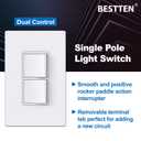 BESTTEN 2 Pack Double Rocker Light Switch, Two Single Pole Electrical Paddle Switch, 15A 120V, Dual in-Wall, Combination Interrupter, Screwless Wallplate Included, UL Listed, White