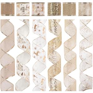 HUIHUANG Gold Wired Christmas Ribbon Gold and White Glitter Ribbon for Christmas Tree Decorations, Gift Wrapping, Wreaths, Garlands, Tree Bows, Home Decor -36 Yards Total