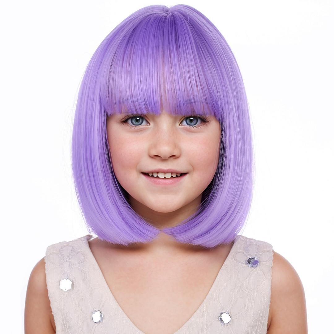 Kids Purple Wig Child Bob Wig Short Light Purple Wigs for Girls Lavender Purple Bob Hair Cosplay Party Synthetic Rose Net Daily Wear Wigs