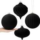 Civaner 4 Pcs 6 Inch Large Velvet Christmas Ball Ornaments Vintage Christmas Plastic Ball Ornaments Flocked Xmas Tree Hanging Decoration for Xmas Party Decor(Black)