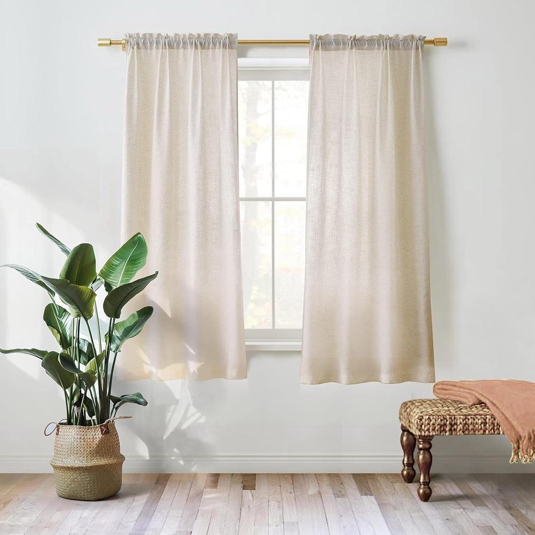 Valea Home Linen Curtains Panel 63 inch Long Light Filtering Rod Pocket Crude Drapes for Bedroom Living Room Farmhouse Window Treamtment Panels, Natural, 1 Panel