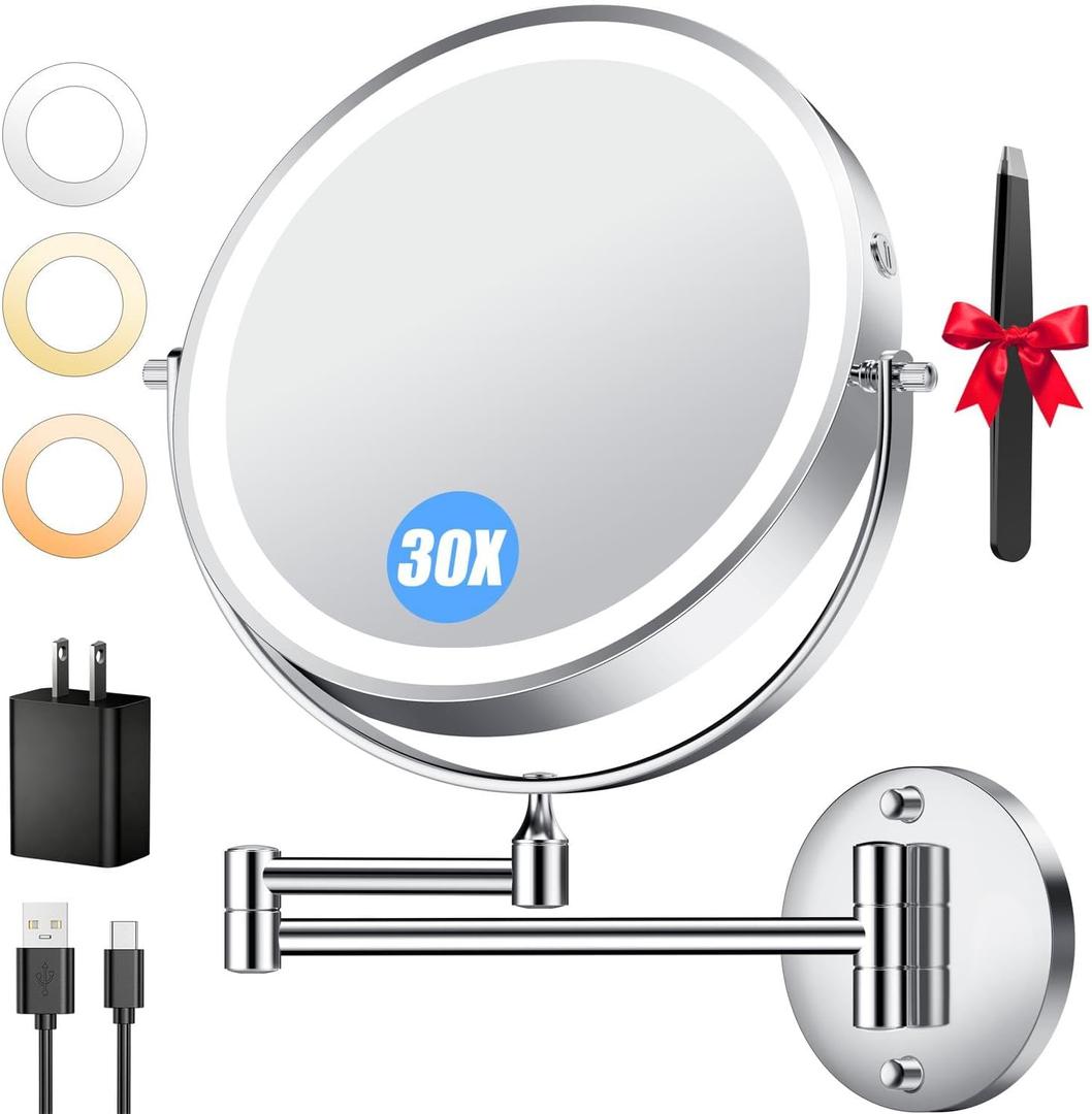 9'' 30X/1X Wall Mounted Lighted Makeup Mirror, 5000mAh Rechargeable Double-Sided Magnifying Mirror with Light, Vanity Mirror Touch Dimmable 3 Colors 360 Rotation Extended Foldable Arm, Power Adapter