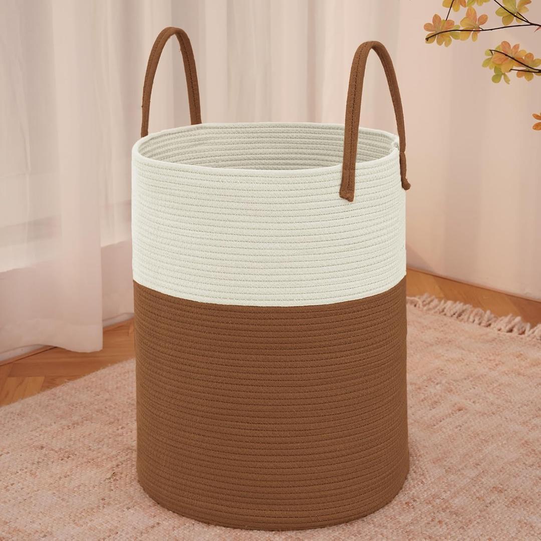 Large Woven Laundry Basket Hamper,60L Cotton Rope Storage Bin for Blankets,Toys and Clothes,Decorative Tall Nursery Hamper for Living Room,Baby Nursery,Bathroom and Bedroom,White and Brown
