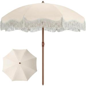 7ft Patio Umbrella with Fringe, Boho Beach Umbrellas, Outdoor Tassels Umbrellas with Push Button Tilt & Carrying Bag, 8 Windproof Fiberglass Ribs, UPF50+