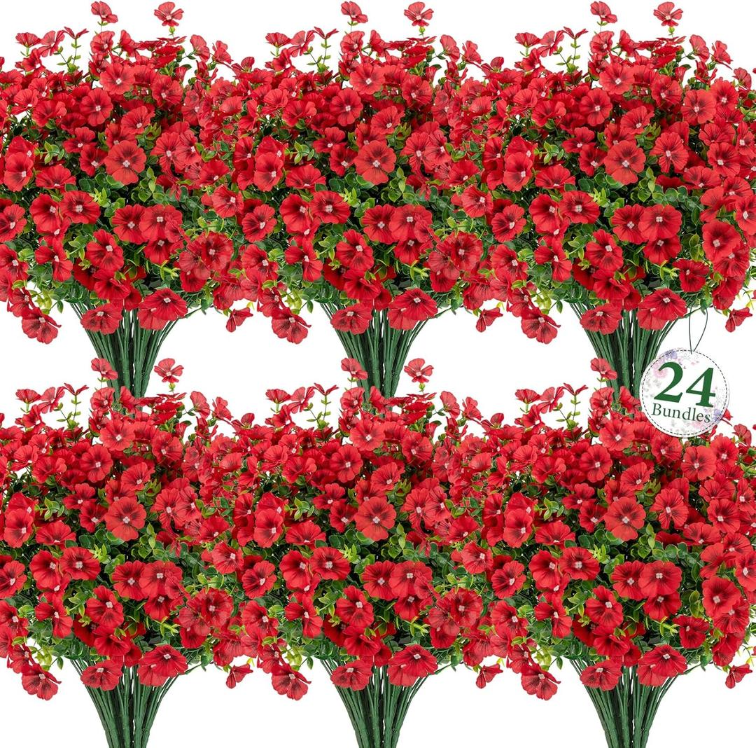 Ouddy Decor 24 Bundles Artificial Flowers for Outdoors, Fake Silk Flowers UV Resistant Faux Plastic Plants for Planters Vase Table Porch Patio Garden Spring Summer Indoor Outdoor Home Decor, Red