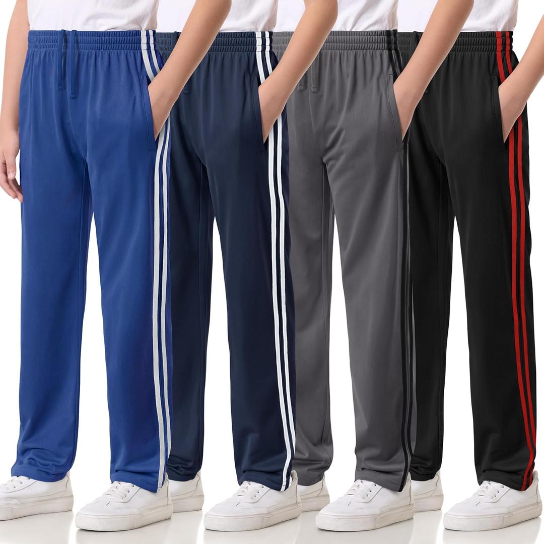 4 Pack Boys Lightweight Sweatpants, Tricot Sweat Pants for Boys Athletic Open Bottom Pants with Pockets & Drawstring (X-Large, Black-red, Gray-black, Royal Blue-white, Navy-white)