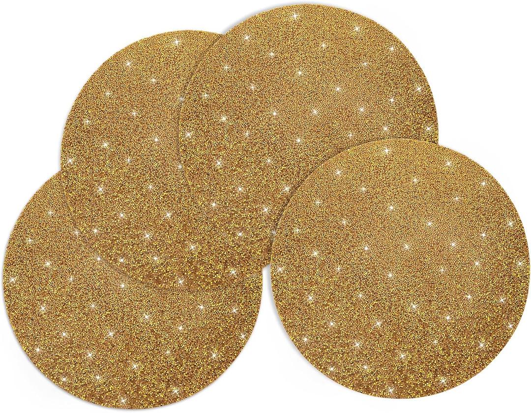 Gold Rhinestone Placemats Set of 4, Sparkle Crushed Diamond Round Halloween Christmas Glitter Table Mat for Centerpiece Kitchen Party Tableware Decoration 15 Inches (Gold, 4 pcs)