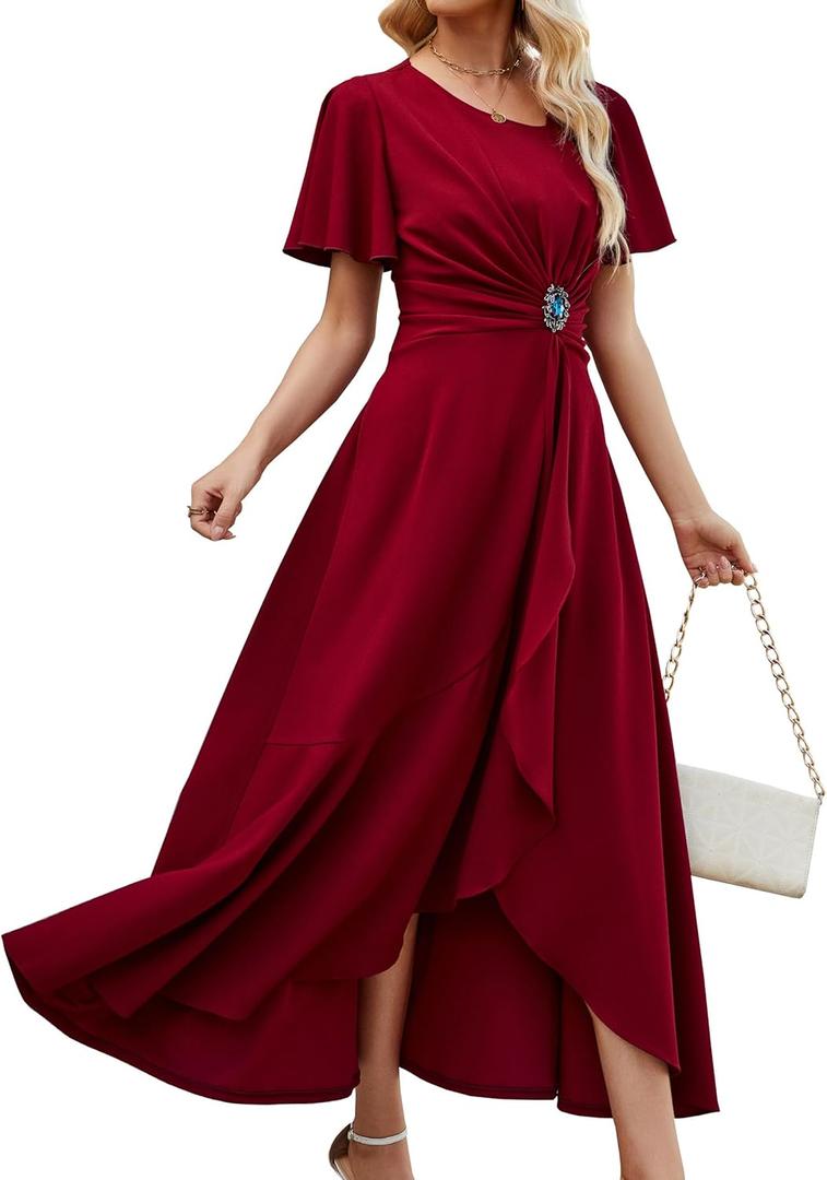 Wedding Guest Dresses for Women Have Pockets Cocktail Dress Ruffle Sleeve A Line Evening Party Formal Dresses for Women, Size: Large (Burgundy)