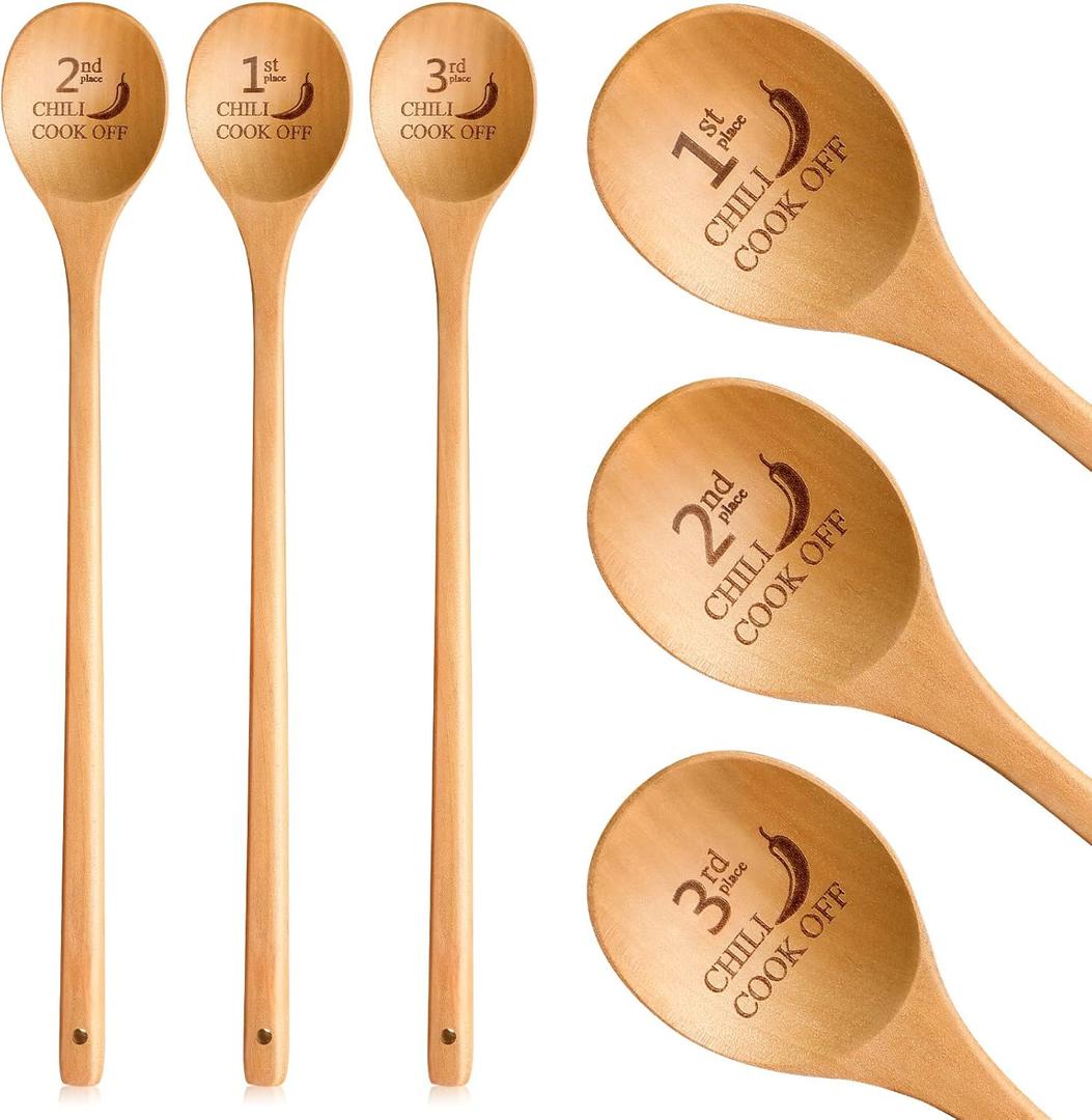 Set of 3 Chili Cook Off Trophies Prizes, 1st, 2nd, 3rd, Wooden Spoons for Cooking, 13 Inch Awards Long Handled Cooking Spoons for Gift Baking Kitchen