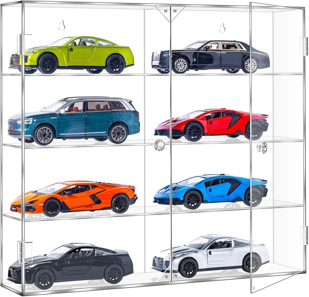 JUESHA Acrylic Display Case for 1/24 Scale Diecast Storage, 4 Levels 8 Slots Toy Cars Showcase Wall Mount Or Desktop, Clear Display Organizer for Nascar Diecast Model Car Tabletop