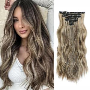 Clip in Hair Extensions for Women 20 Inch Light Brown Mix Ash Blonde Long Wavy Hair Extensions Clip ins 7PCS Lightweight Lace Weft Synthetic Hairpieces for Daily Use