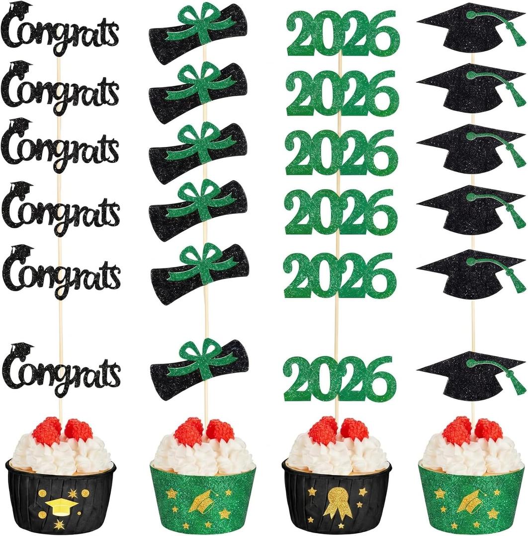 Chinco 100 Pack 2026 Graduation Cupcake Toppers Glitter Grad Cap Food Appetizer Picks Cake Caps Party Decorations Diploma Cupcake Picks for Cake Class of 2026 Graduation Party(Black and Green)