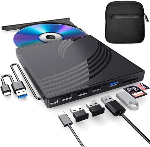 BPAKDU External CD/DVD Drive for Laptop with Carrying Case,DVD Player for Laptop,Portable CD Burner with 4 USB Ports, 2 TF/SD Card Slots,CD Disk Drive Player Reader Write