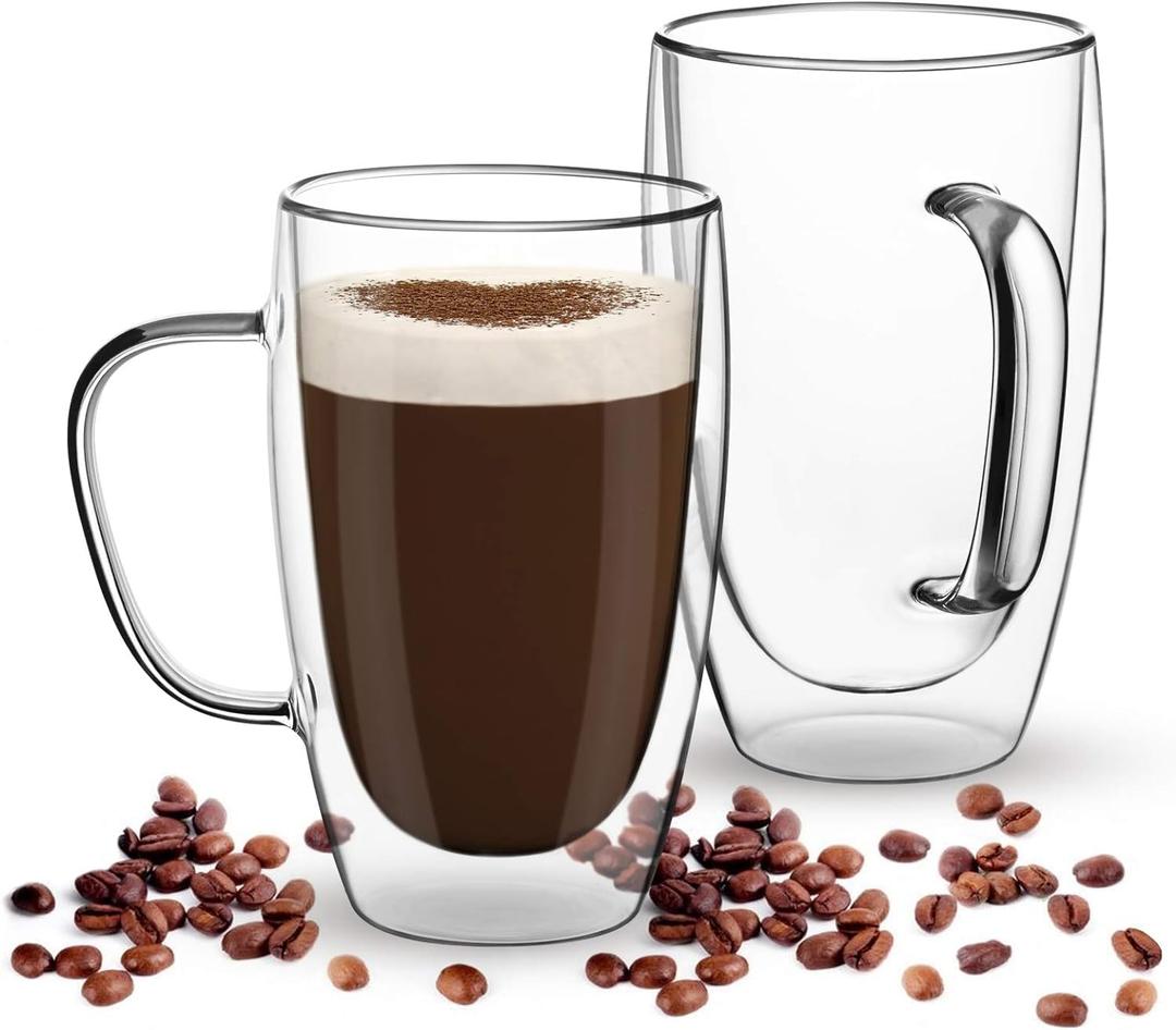 Espresso Cups Set Of 2 15 Oz, Double Walled Glass Coffee Mugs with Handle,Insulated Layer Coffee Cups,Clear Borosilicate Glass Mugs,Perfect for Cappuccino,Tea,Latte,Espresso,Hot Beverage,Wine