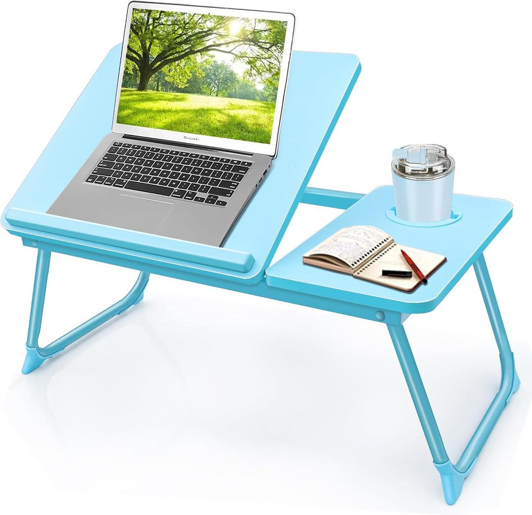 Laptop Desk for Bed Couch,Lap Desk for Laptop,Portable Laptop Stand for Desk,Small Adjustable Laptop Desk,Foldable Bed Table for Laptops and Writing, Bed Tray Table with Cup Holder(Blue)