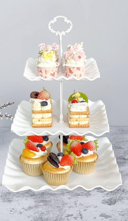 Plastic Square Dessert Cupcake Stand, 3 Tier Cup Cake Holder Tower for Tea Party/Birthday/Wedding, Plastic Tiered Serving Tray (White)