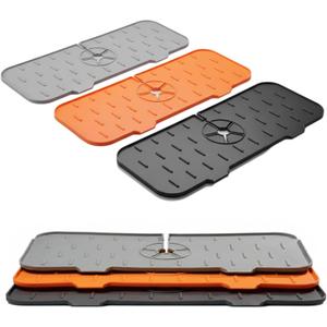 3-Pack Silicone Faucet Mat for Kitchen Sink | 14.76" x 5.71" | Waterproof Drip Catcher & Splash Guard | Quick-Draining Countertop Protector | Grey, Black & Orange