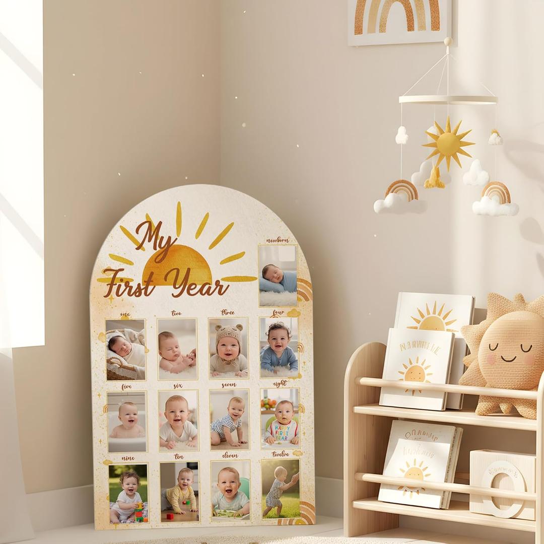 AceOrbit 33 x 22 Inch Large My First Year Picture Frame First Trip Around The Sun Decor Wooden 12 Monthly Milestone Photo Board 1st Birthday Decorations for Baby Monthly Milestone Fits 4 x 6 Photos, 33.1 x 22.1 inches