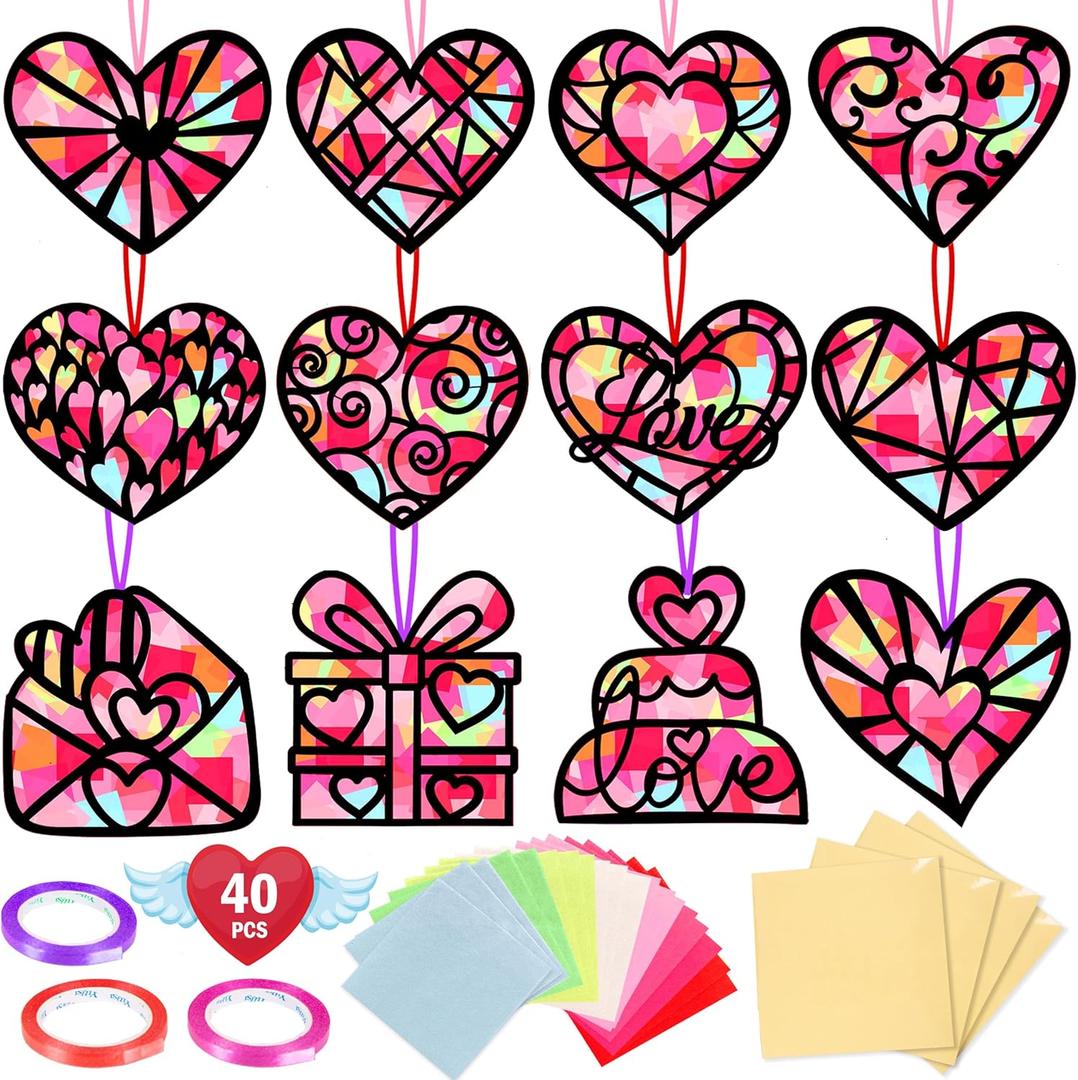 Renbuzhu 40PCS Valentines Day Crafts: Paper Heart Suncatchers, Christmas Valentine's Classroom DIY Kits, Window Stained Glass Effect Art Supplies