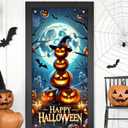 Halloween Door Cover 71x35 Inch Pumpkin Stack Glowing Jack O Lanterns Banner Full Moon Ghosts Bats Graveyard Scene Banner Happy Halloween Door Decoration for Porch Party Decor