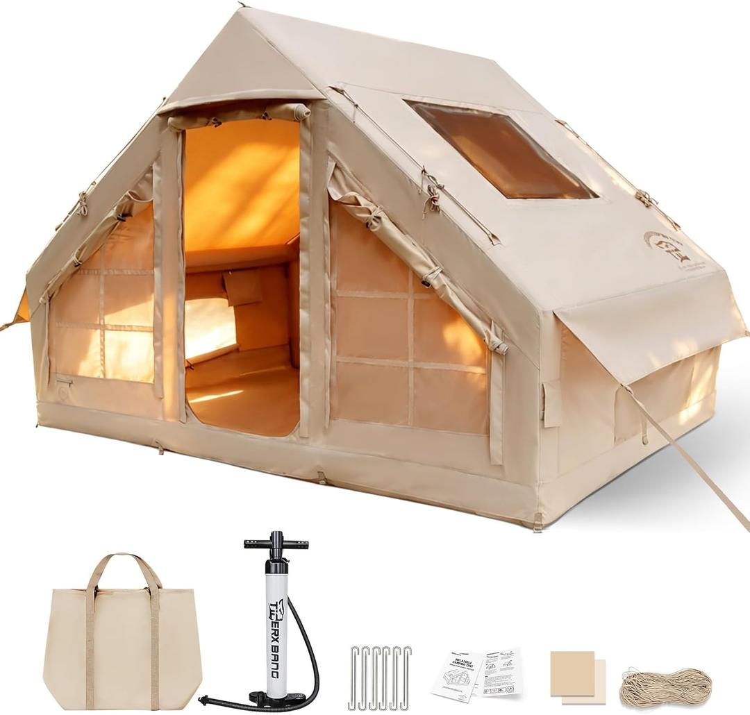 TIGERXBANG Inflatable Tent for Camping, 4-6 Person Glamping Air Tents, Easy Setup 4 Season Luxury Cabin, Waterproof & Windproof Inflatable House Tent with Panoramic View Windows