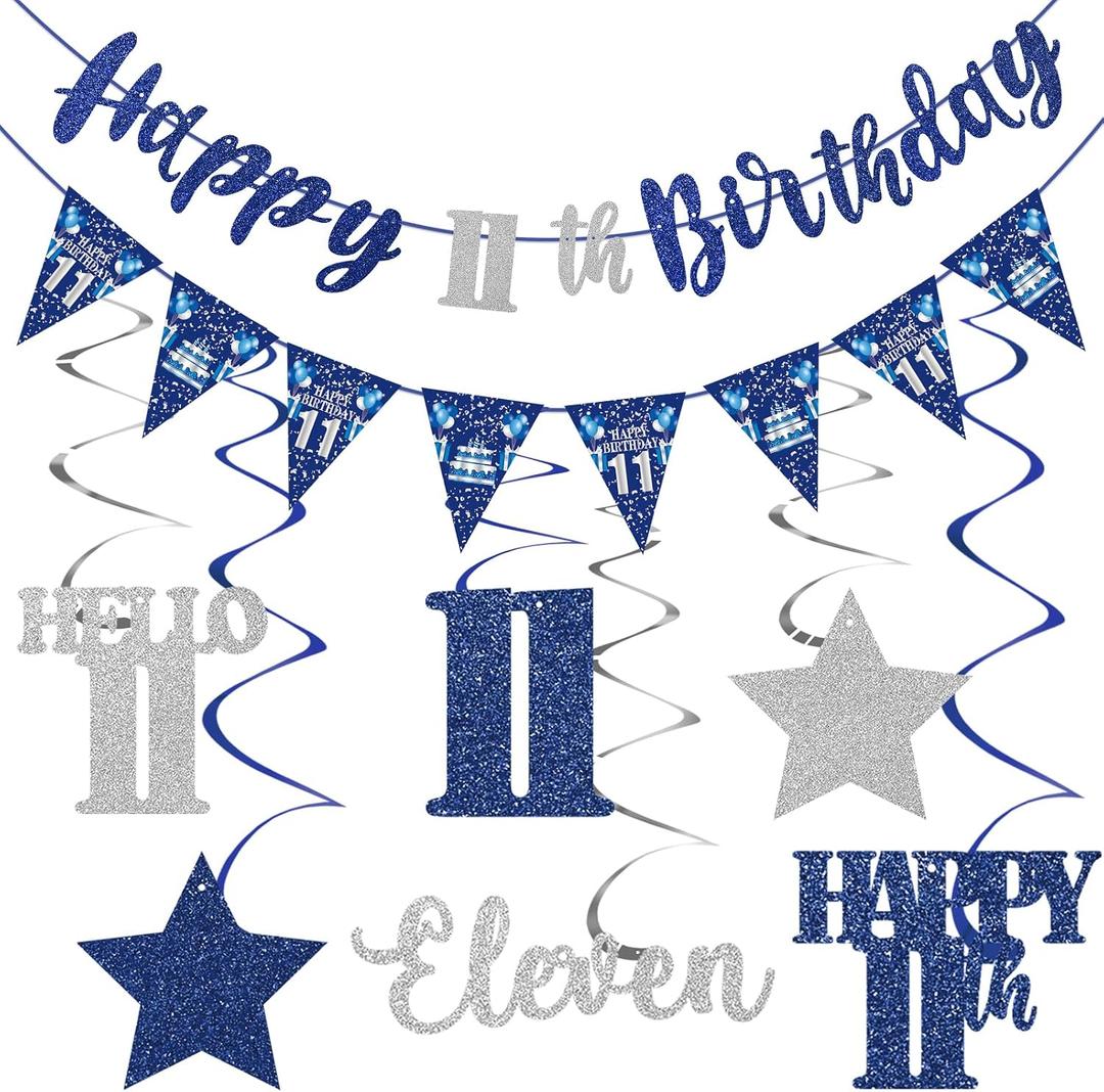 Blue Silver 11th Birthday Decorations for Boys Girls, Happy 11th Birthday Banner Eleven Years Old Hanging Swirls Stars Hello 11 Bday Decorations Party Supplies Sign