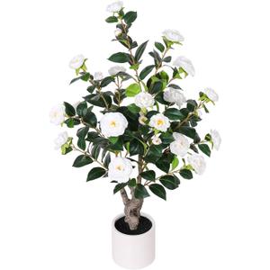 39 inch White Fake Camellia Tree with White Planter - 3.2 Ft Tall Artificial Tree,Large Faux Plants Indoor Outdoor,Housewarming Gift