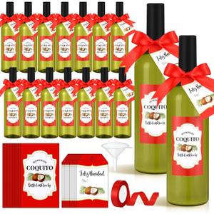 Acellegic 16 Set Christmas Coquito Bottles 25 oz Coquito Plastic WineBottles with Caps Labels Stickers PVC Shrink Capsules Ribbons Funnel for Homemade DIY Craft Xmas Party Brewing Beverages Liqueur