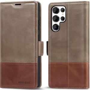 KEZiHOME for Samsung Galaxy S24 Ultra Case, Genuine Leather [RFID Blocking] Galaxy S24 Ultra Wallet Case, Card Slot Flip Kickstand Magnetic Phone Cover Compatible with Samsung S24 Ultra (Gray/Brown)