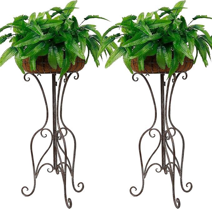 Solution4Patio 2 Pack Retro Metal Plant Stand Basket with Coconut Liner, Foldable 30" Height Tall Stand Plant Holder Shelf, Outdoor Elegant Corner Decorative Display Flower Rack