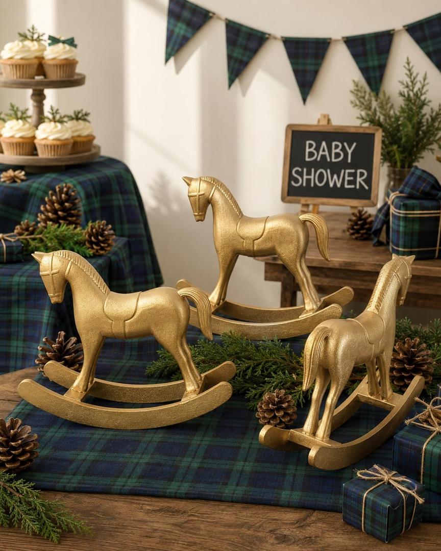 3 Pack Gold Wooden Rocking Horse Decor, 9.4 Inch Baby Shower Centerpieces