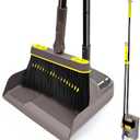 JEHONN Broom with Dustpan Combo Set, Long Handle Lightweight 180 Degree Rotating Sweeping Brush Indoor, Upright Standing Dust Pan with Comb Teeth for Home Room Kitchen Office Lobby (Brown Yellow)