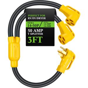 Kanayu 50Amp 14-50 Y Splitter Adapter Cord ETL Listed 14-50P Male to 2X 14-50R Female 4 Prong 250V Splitter for RV and EV Heavy Duty 6/3+8/1 STW AWG RV Generator Outdoor Extension Cord, 3 Ft