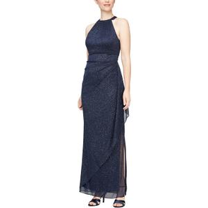 Alex Evenings Womens Long Glitter Mesh Wedding Guest Dress, Formal Gown with Halter Neck (Blue, M) 14