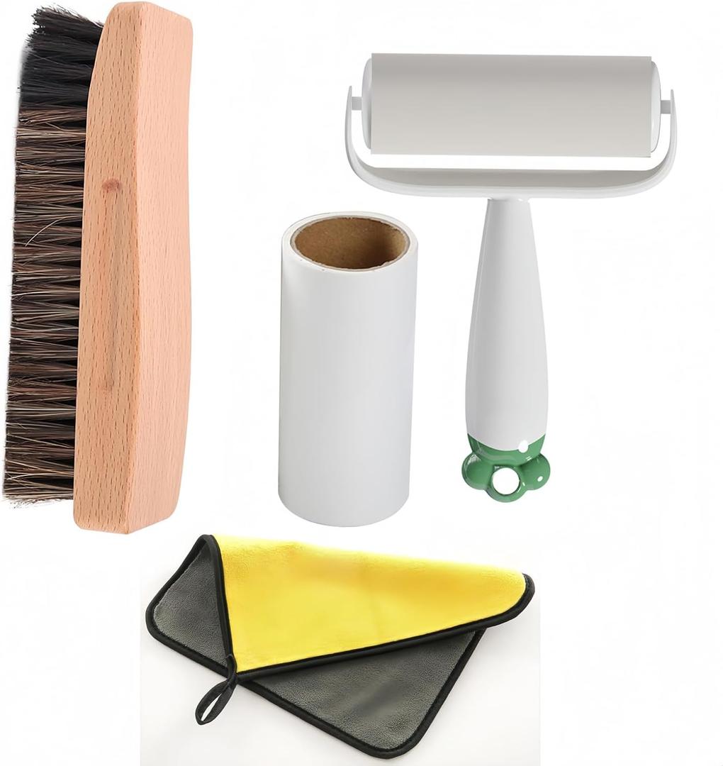 Cleaning Brush Set Hard Bristle Brush, Outdoor Scrub Brushes Kit,[ Solid Wood Horse Hair Bristles Brush, Cleaning Cloth, Sticky Lint Roller, Spare Core] for Trampoline, Wooden Decks, Concrete Patios