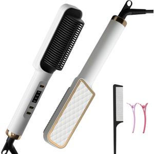 Hair Straightener Brush for Fine, Soft Hair, Ring Hair Straightener Comb with LED Display, Straightener Comb with 4 Temp Settings, Ceramic Plant Protein Coating, Negative Ion Hair Care, Gift for Women
