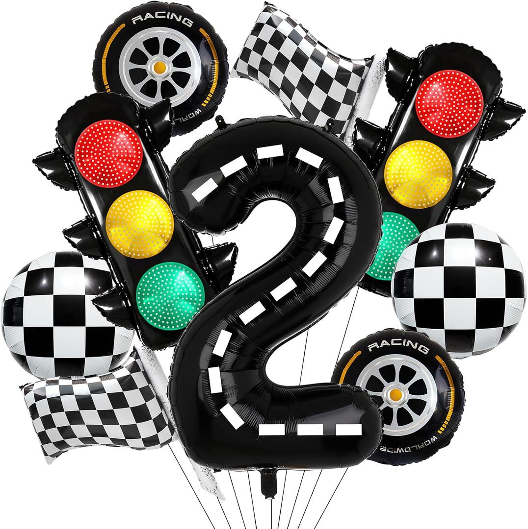 9Pcs Traffic Light Balloons, Black and white Check Racing Theme Balloons for Kids 2nd Birthday Party Supplies Decorations