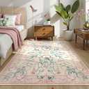 Morebes Pink Floral 8x10 Washable Rug for Living Room, Cute Large Area Rugs for Girls Bedroom Non Slip, Soft Low Pile Indoor Carpet for Nursery Playroom Kids Dining (Pink 8'x10')