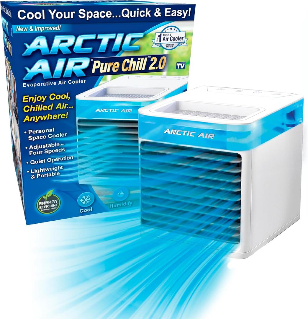 Arctic Air Pure Chill 2.0 Evaporative Air Cooler by Ontel - Powerful, Quiet, Lightweight and Portable Space Cooler with Hydro-Chill Technology For Bedroom, Office, Living Room & More, Blue 