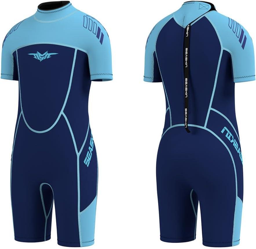 Seaskin Kids Wetsuit for Boys Girls Toddler 3mm Back Zip Thermal Swimsuits (4, Blue shorty)