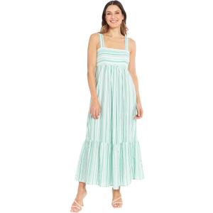 London Times Women's Cotton Smocked Back Babydoll Tiered Maxi Dress (12, Striped - Teal/White)