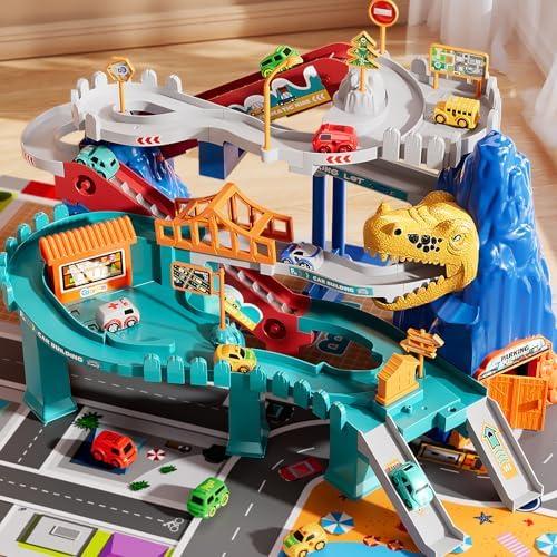 MSKOLER Dinosaur Race Car Tracks for Toddlers 2-4 Years, Dinosaur Climbing Hills Railcar, Toy Car Track Play Set with 7 Small Race Cars, Preschool Birthday Gifts for 3 4 5 6 7 8 Year Old Boys Girls