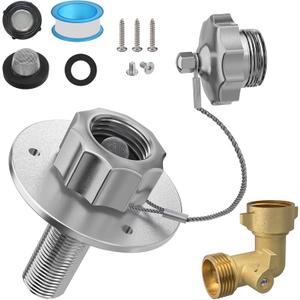 All Metal RV City Water Inlet with Check Valve, 90 Solid Brass Hose Elbow, 3/4" GHT Quick Hose Connector Stainless Steel Inlet Replacement Water Fill Inlet, for RV Camper Motorhome Trailer Marine