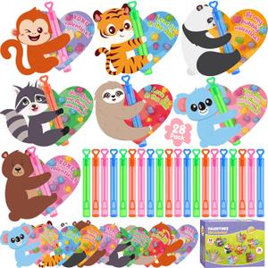 2 x Valentines Day Gifts for Kids, 28 Pack Mini Bubble Wands with Greeting Cards Valentines Animal Themes for Kids, Valentine's Day School Prizes Party Favor, Classroom Exchange Gifts