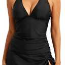 Yonique 2 Piece Swimsuits for Women Halter Tankini Top with Skirt Bottom Tummy Control Bathing Suit (Medium, Black)