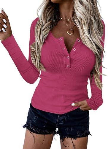 BTFBM Women Long Sleeve Shirts Fall Tops V Neck Button Up Henley Shirts Slim Fit Ribbed Knit Spring Casual T-Shirts 2026 XL